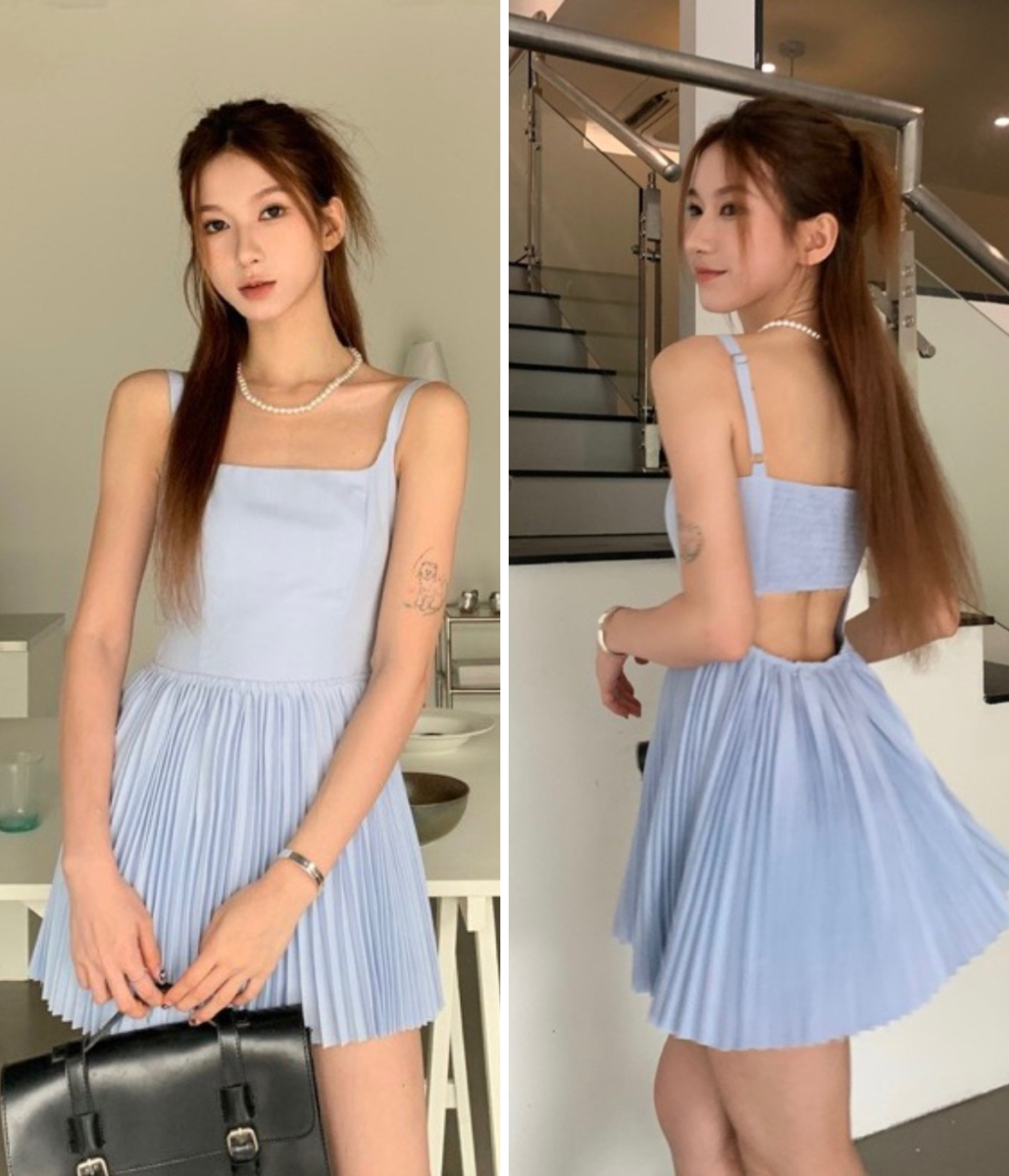 1、后腰镂空吊带百褶 A 字裙