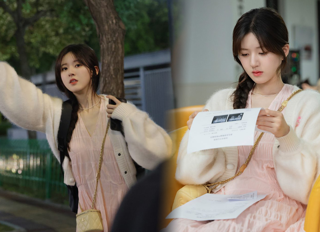 2、桑稚同款「粉色V领子连衣裙」