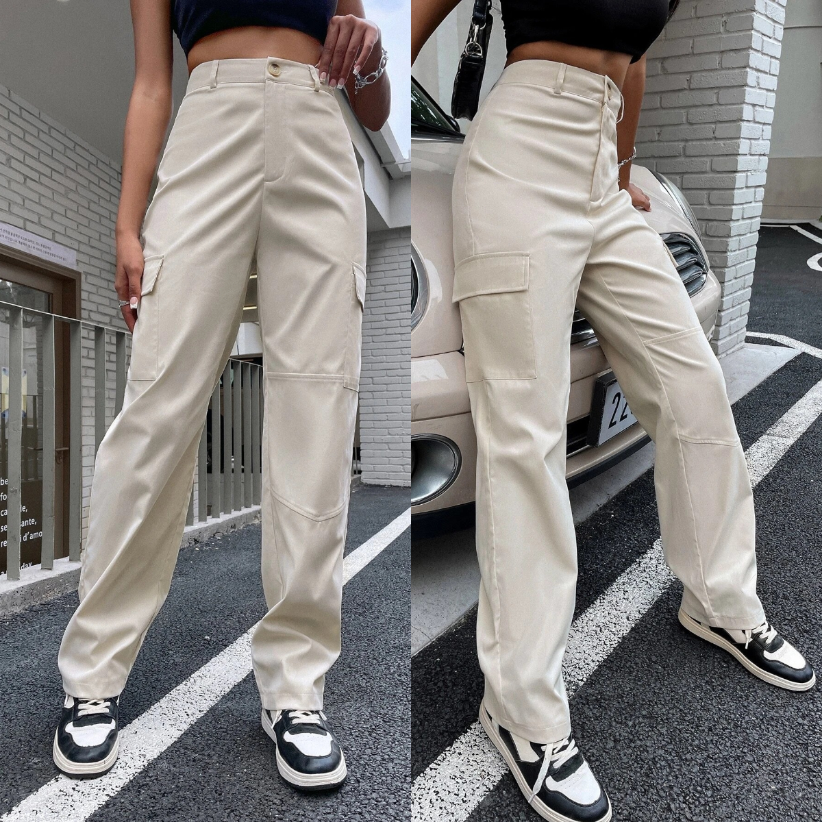 3、SHEIN EZwear High Waist Flap Pocket Cargo Pants