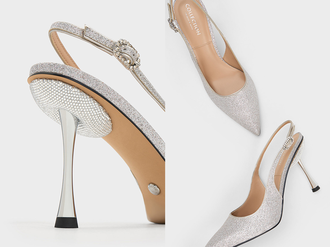 3、Demi Glittered Slingback Pumps - Silver