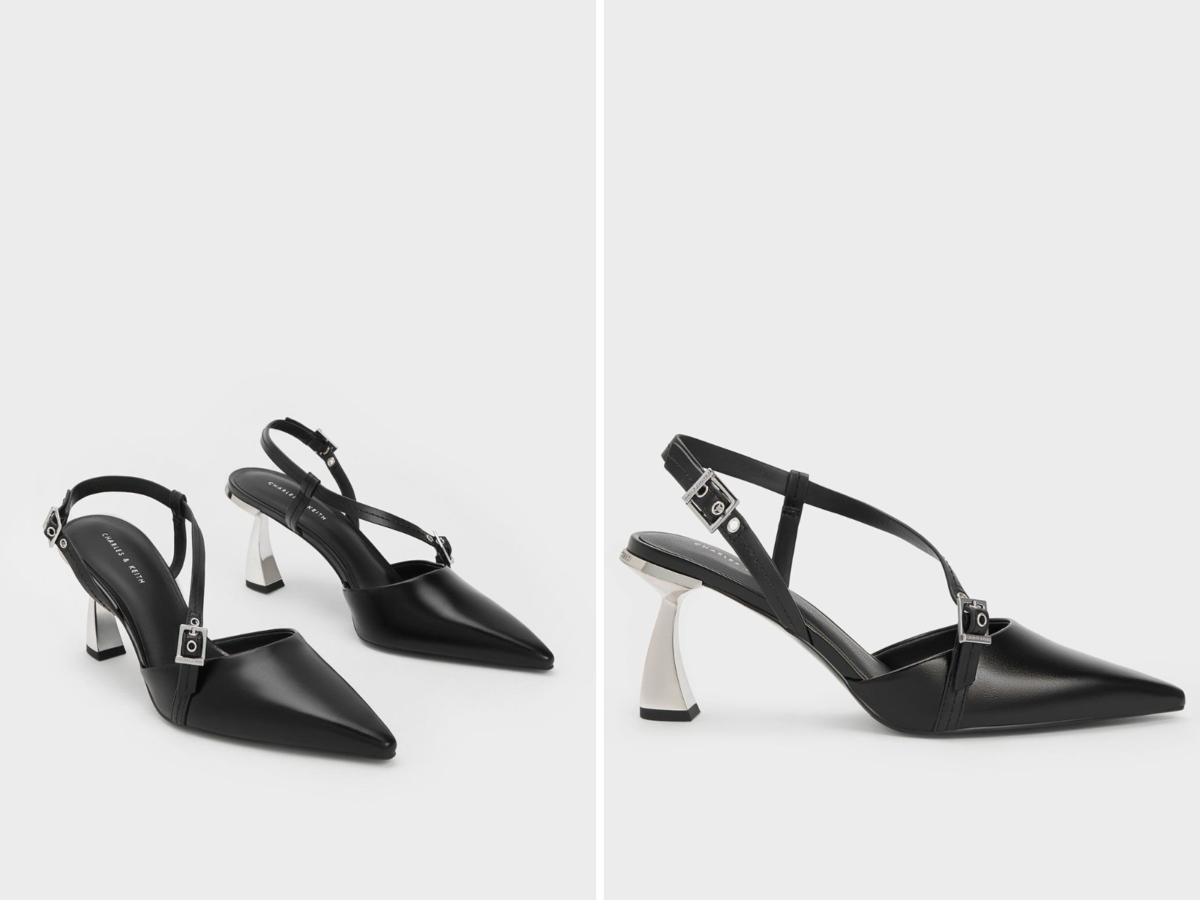 4、Asymmetric Curved Heel Slingback Pumps