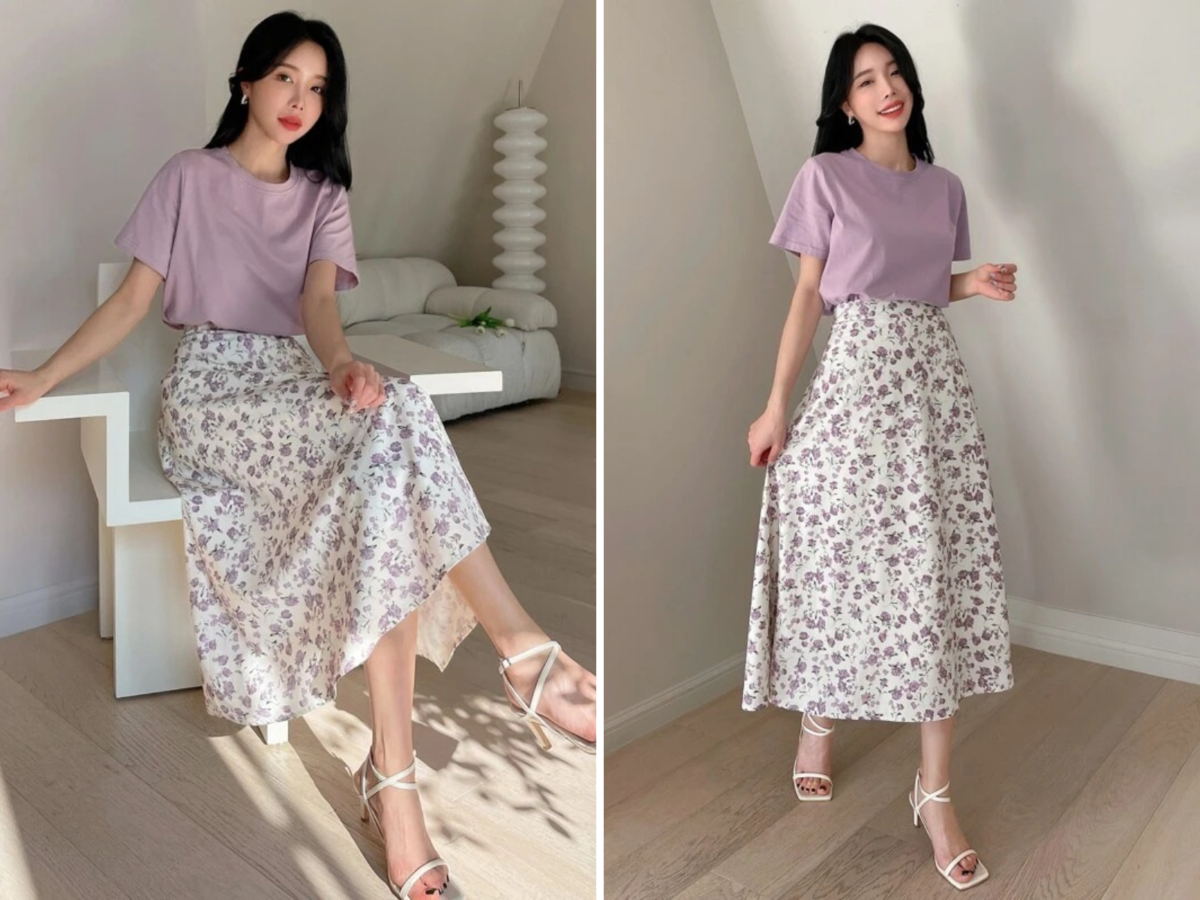 4、DAZY Solid Tee & Floral Print Skirt