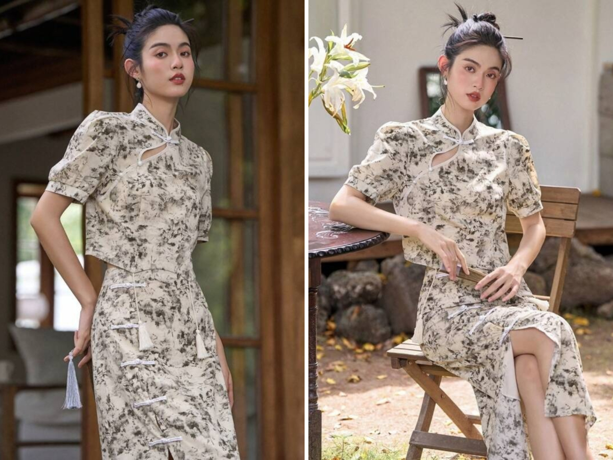 7、DAZY Floral Print Puff Sleeve Mandarin Collar Blouse & Skirt