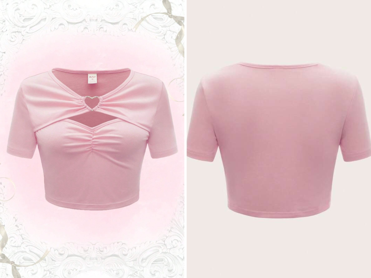 1、Sweetness Solid Heart-ring Linked Cut Out Ruched Tee