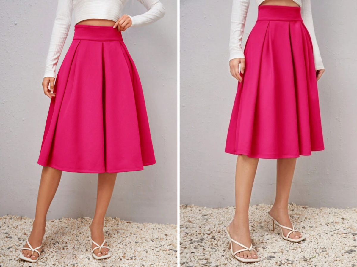 9、SHEIN Privé Solid High Waist Fold Pleated Detail Flare Skirt