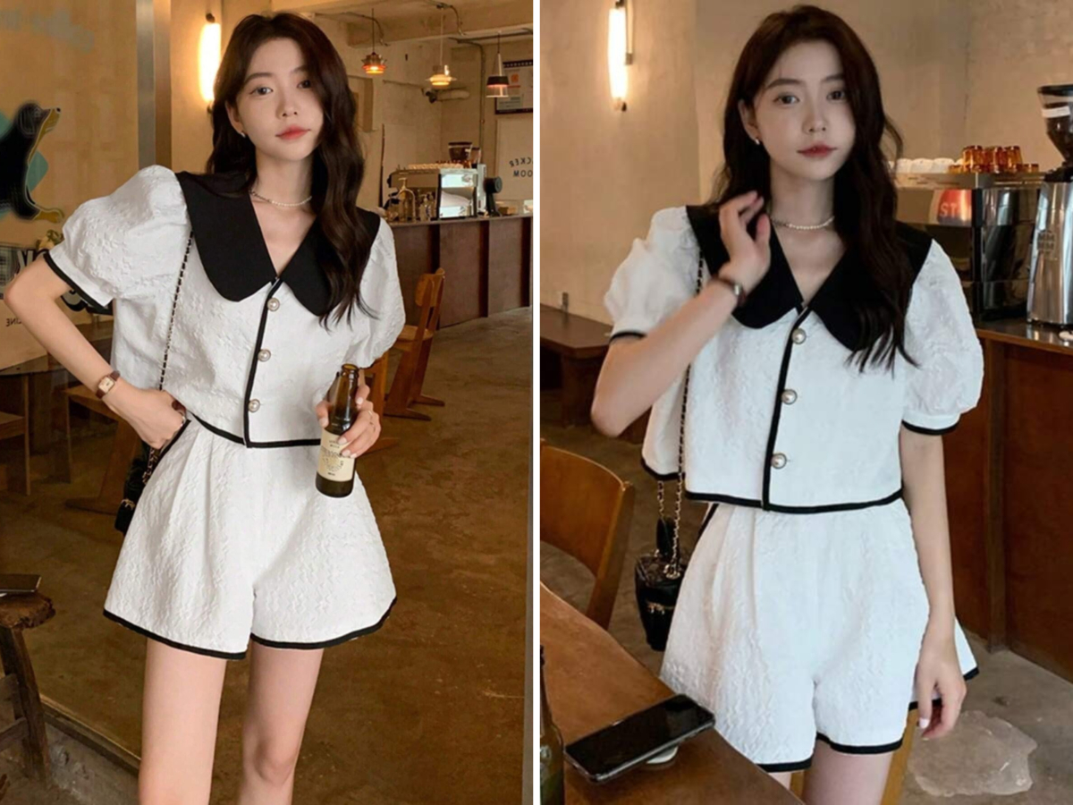 6、Honeyspot Contrast Statement Collar Puff Sleeve Blouse & Shorts