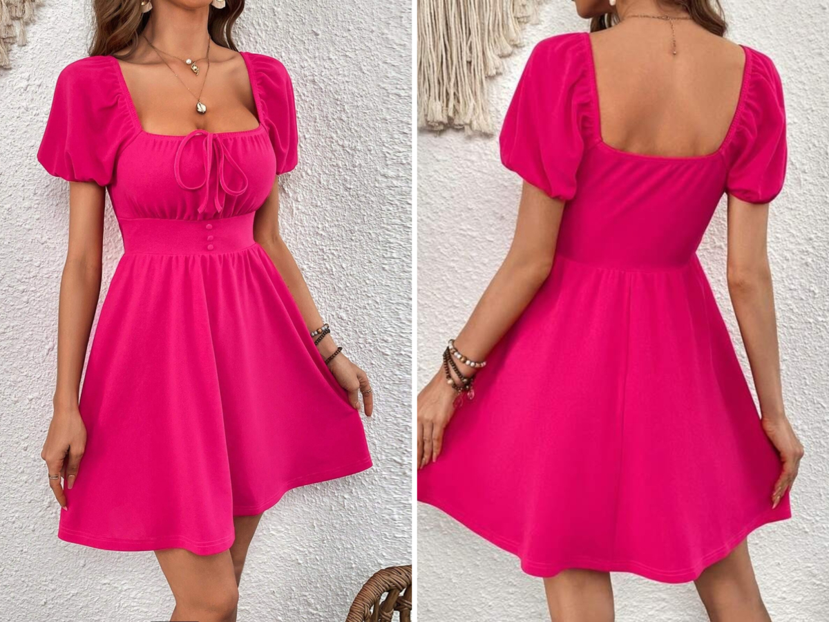 10、SHEIN VCAY Square Neck Knot Front Puff Sleeve Dress