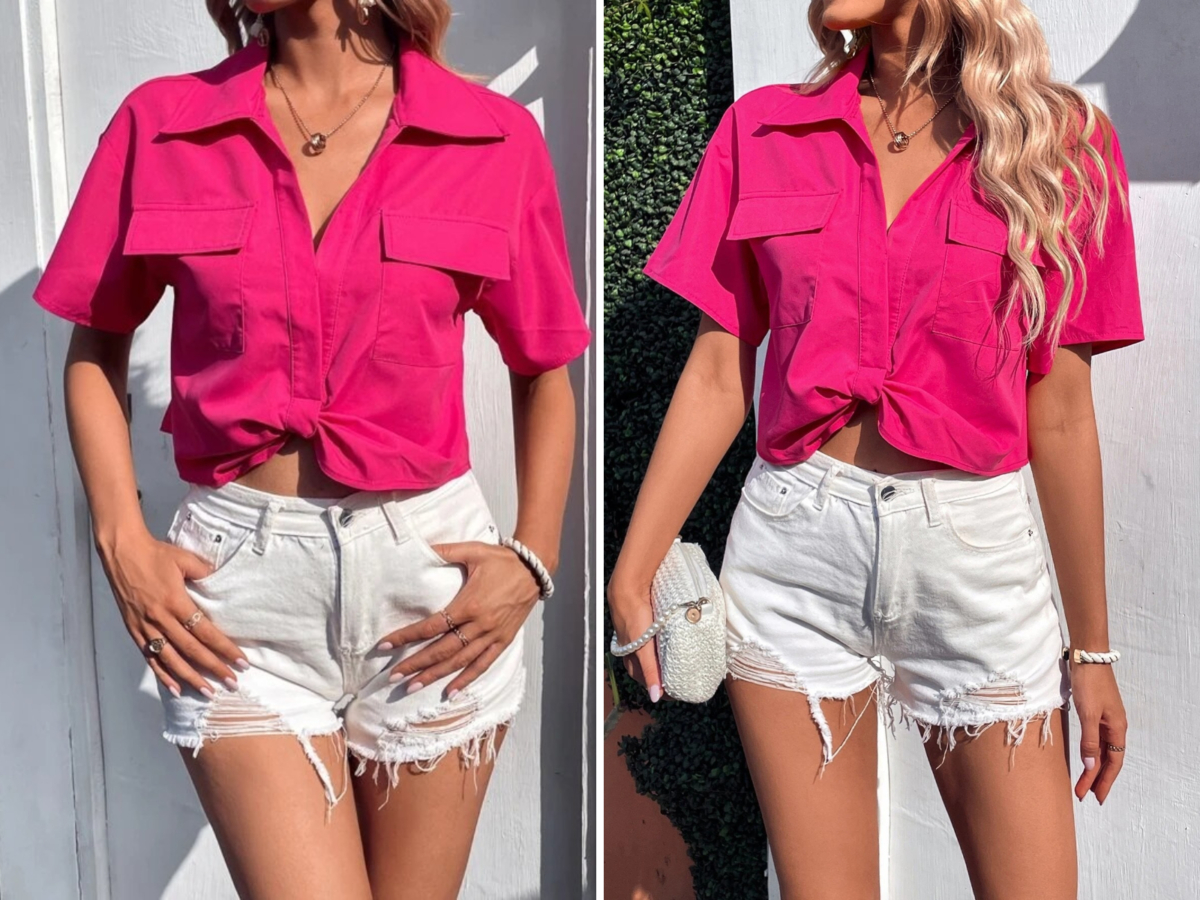 3、SHEIN LUNE Flap Pocket Drop Shoulder Blouse