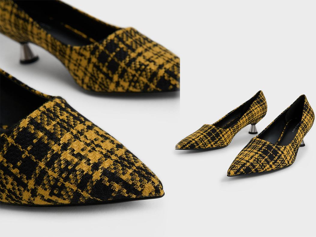 2、Checkered Spool Heel Pumps - Yellow