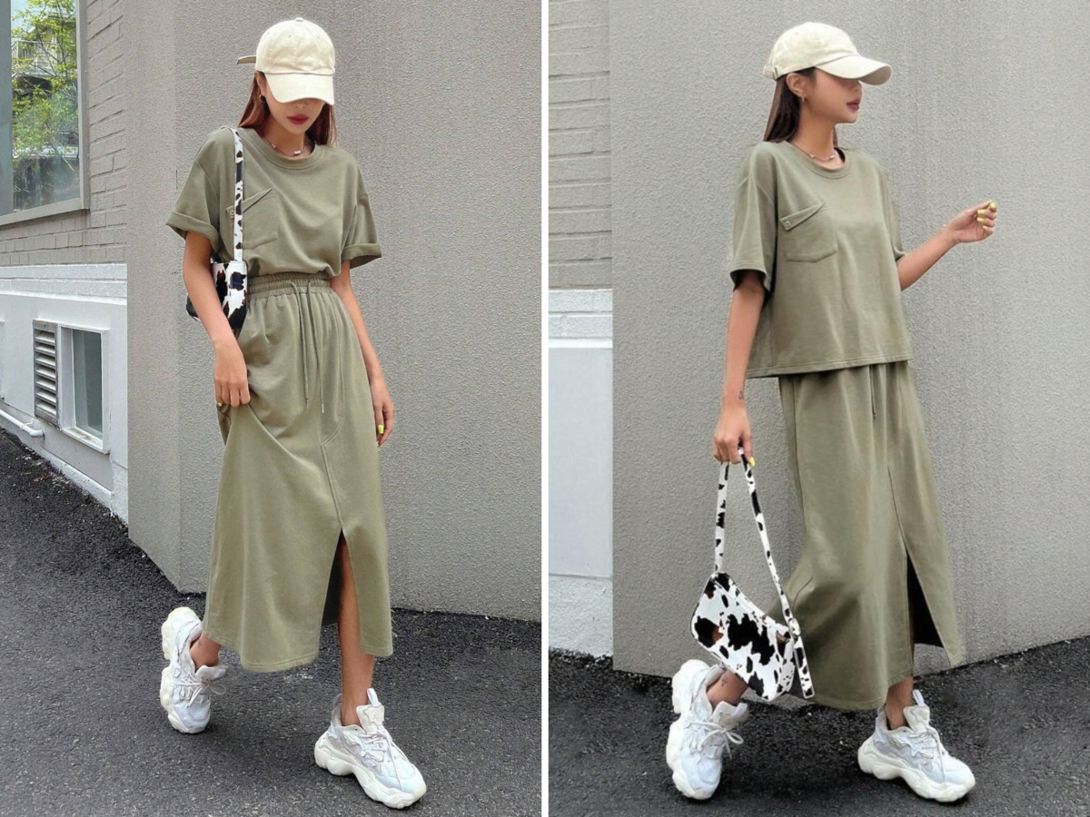 2、DAZY Solid Drop Shoulder Tee & Split Hem Skirt
