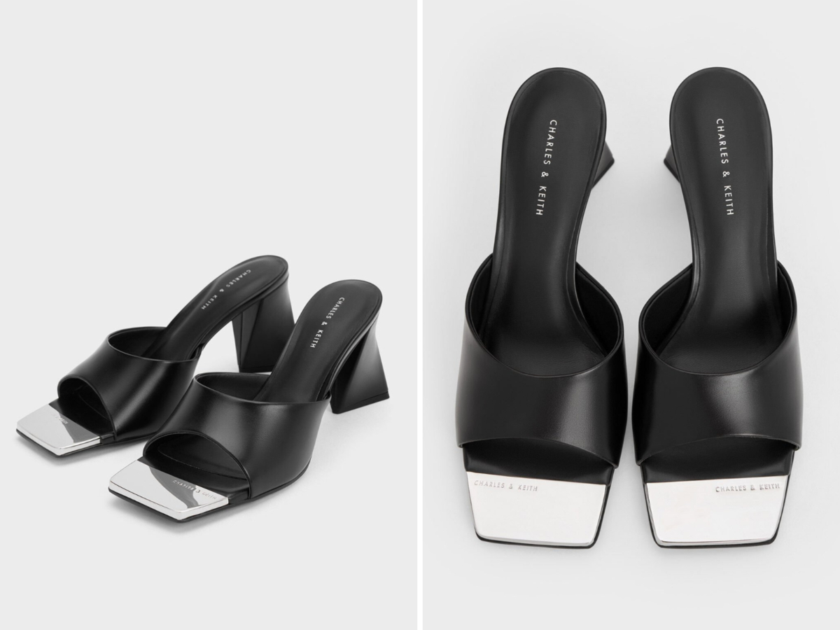 1、Metallic Cap Sculptural Heel Mules