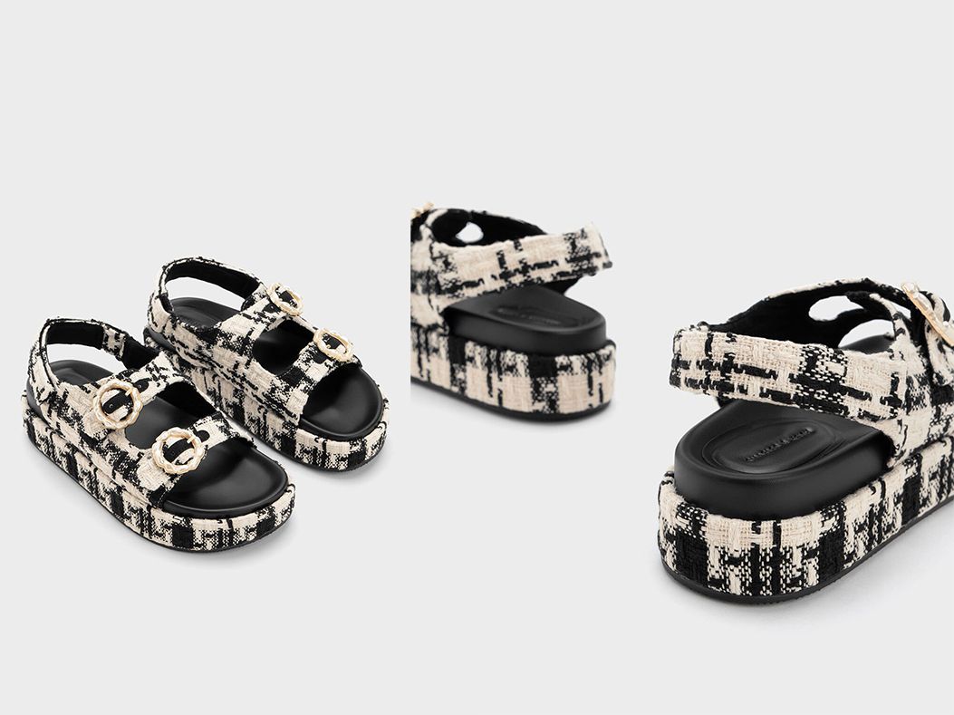 4、Tweed Pearl-Buckle Double Strap Sandals - Black Textured