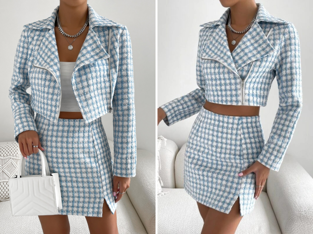 1、SHEIN Essnce Plaid Zip Up Crop Tweed Jacket & Skirt