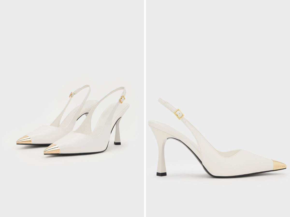 2、Metallic Cap Pointed-Toe Slingback Pumps