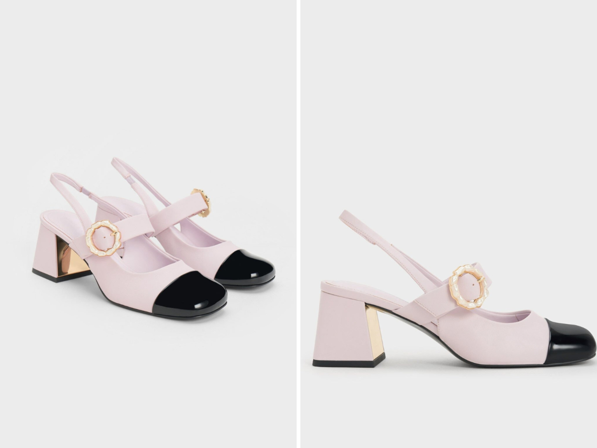 5、Patent Two-Tone Pearl Buckle Slingback Pumps