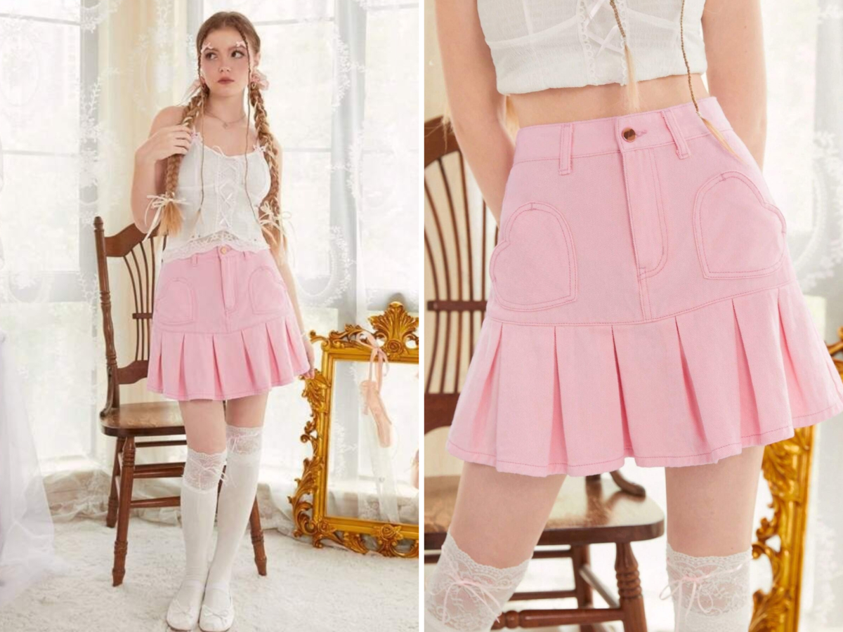 7、Sweetness Solid Pleated Hem Denim Skirt