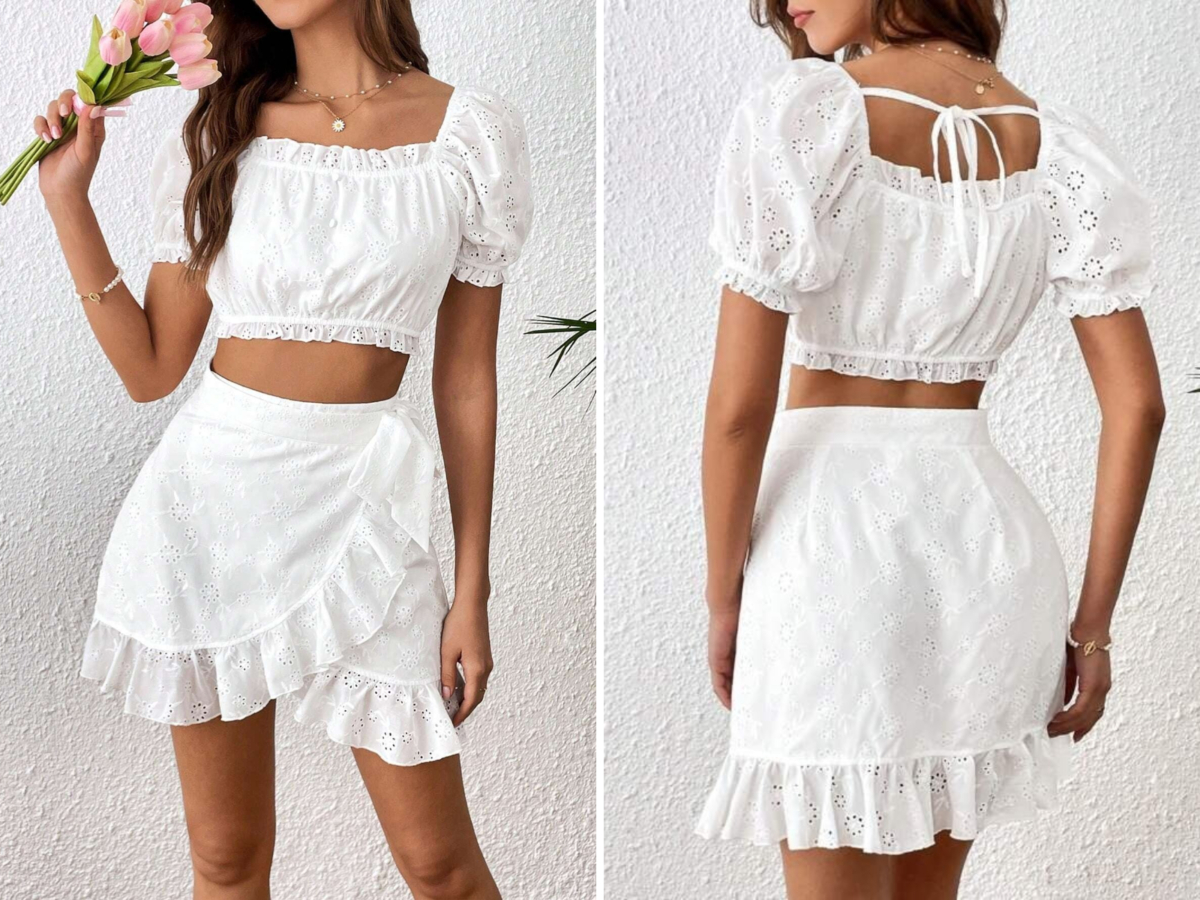 3、SHEIN VCAY Puff Sleeve Frill Trim Crop Top & Ruffle Hem Skirt