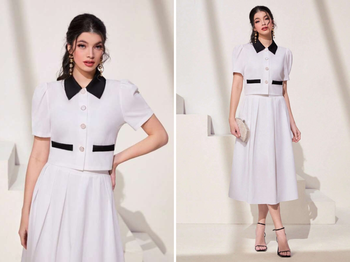 8、SHEIN Modely Contrast Collar Puff Sleeve Blouse & Fold Pleated Skirt