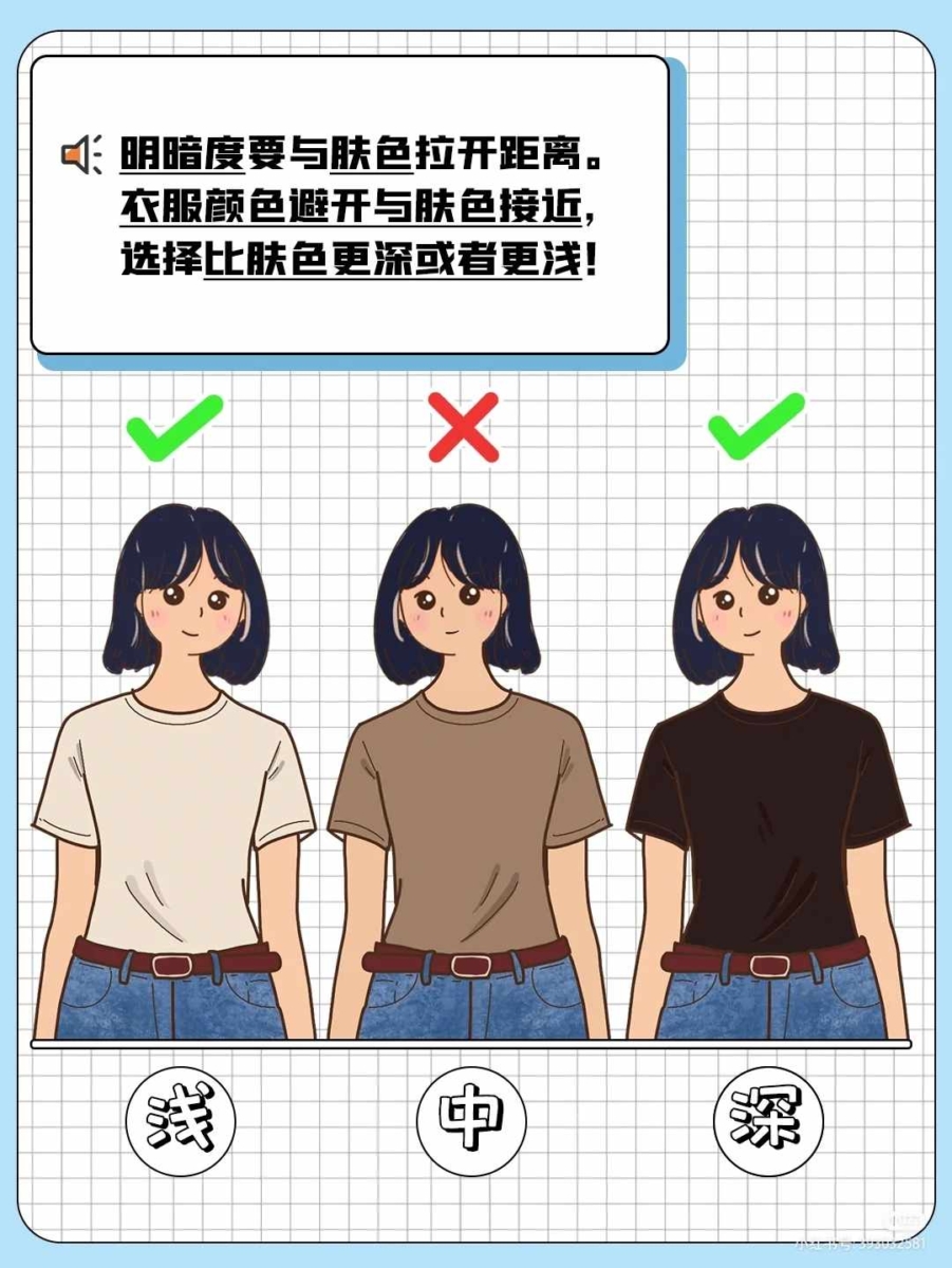 3、明暗度要与肤色拉开距离