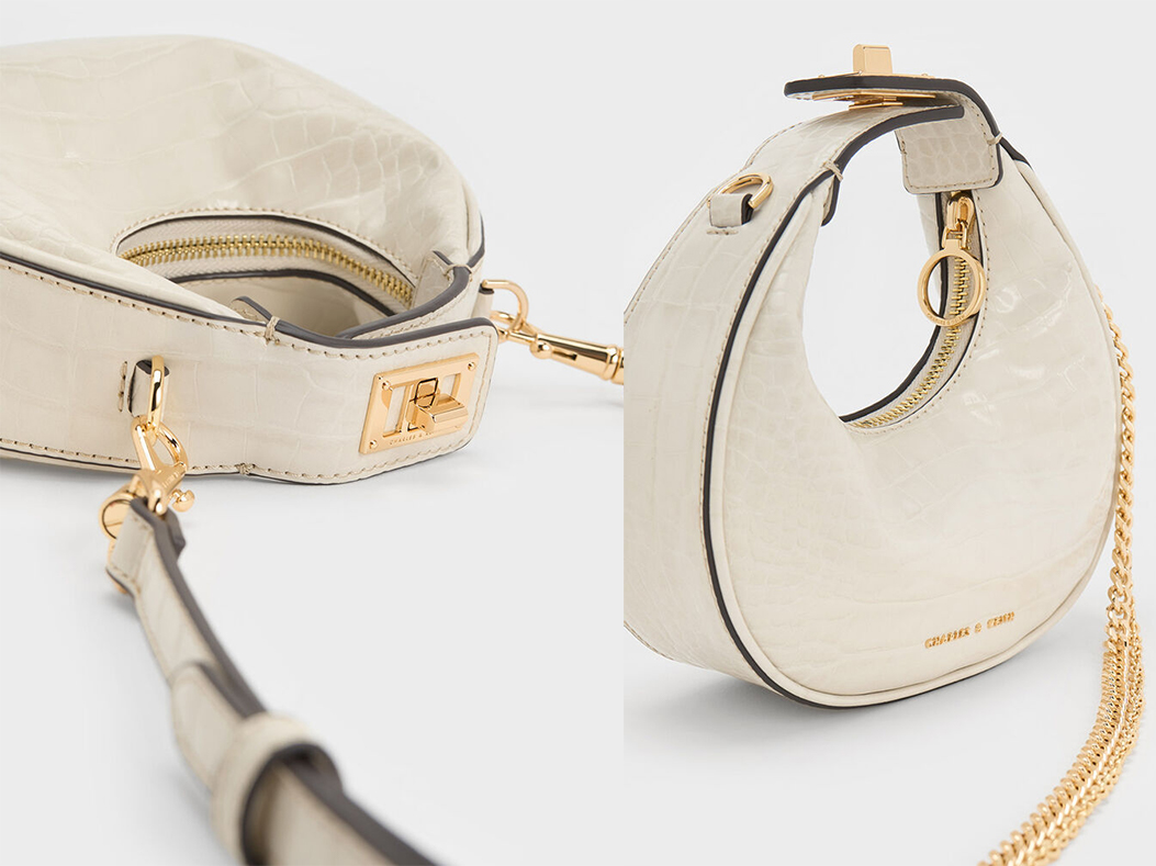 4、Mini Croc-Effect Moon Bag - Ivory