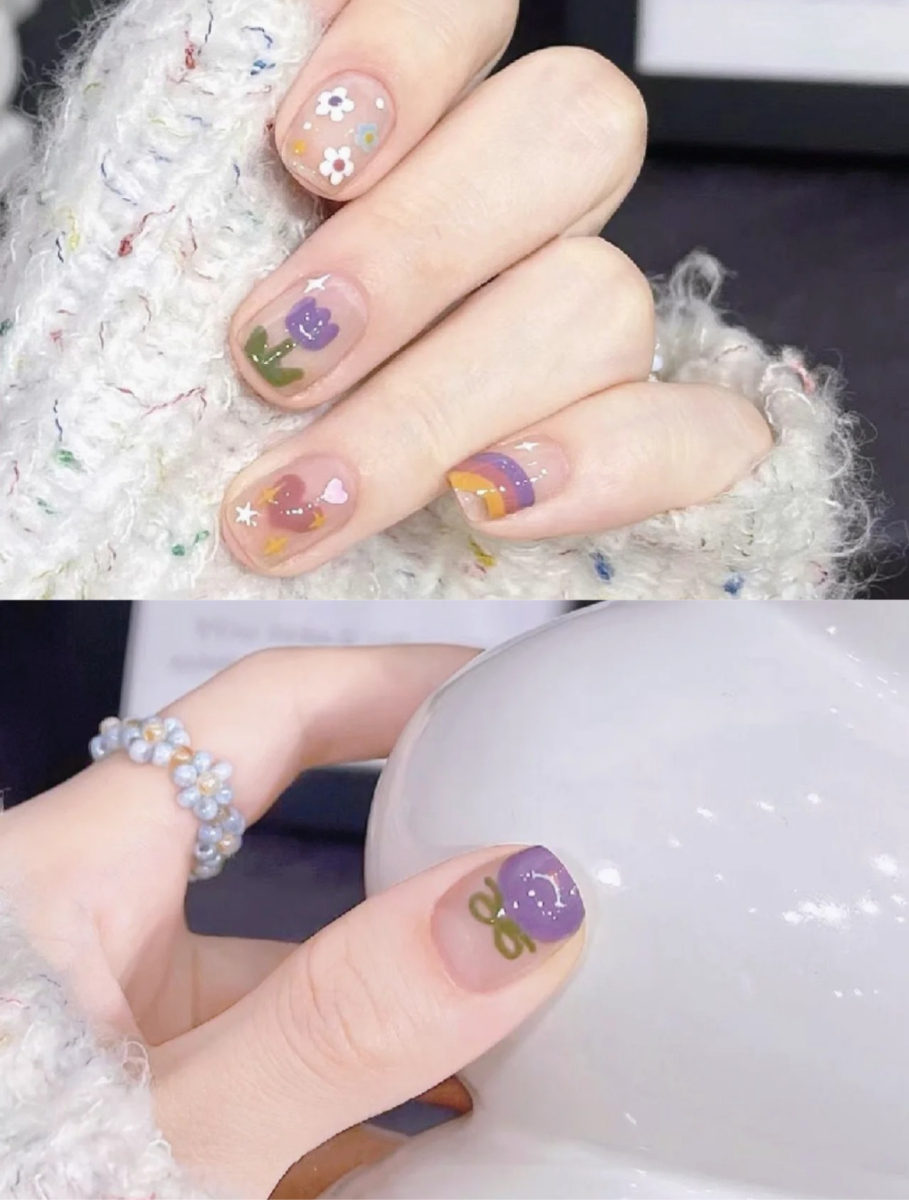 3、手绘涂鸦花卉爱心美甲
