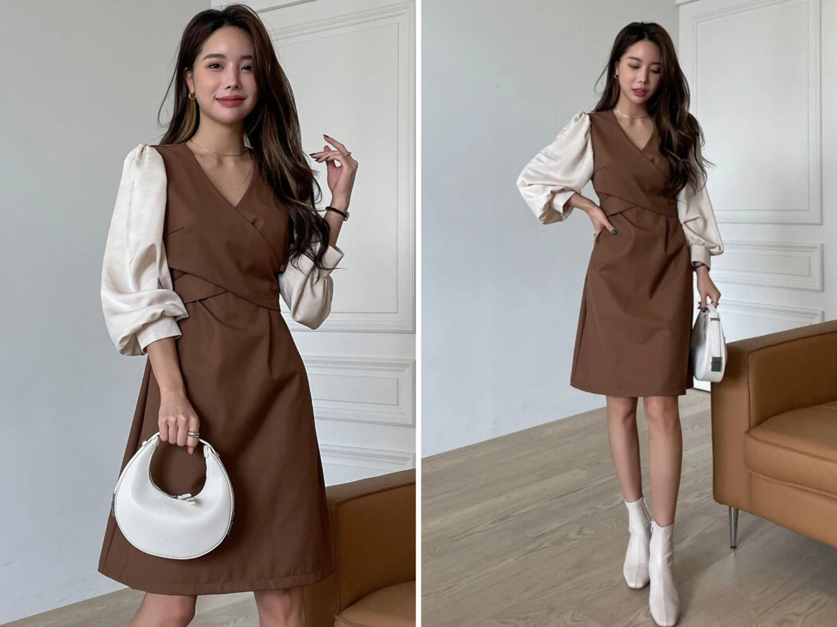2、DAZY Crossover Tie Back Lantern Sleeve Dress