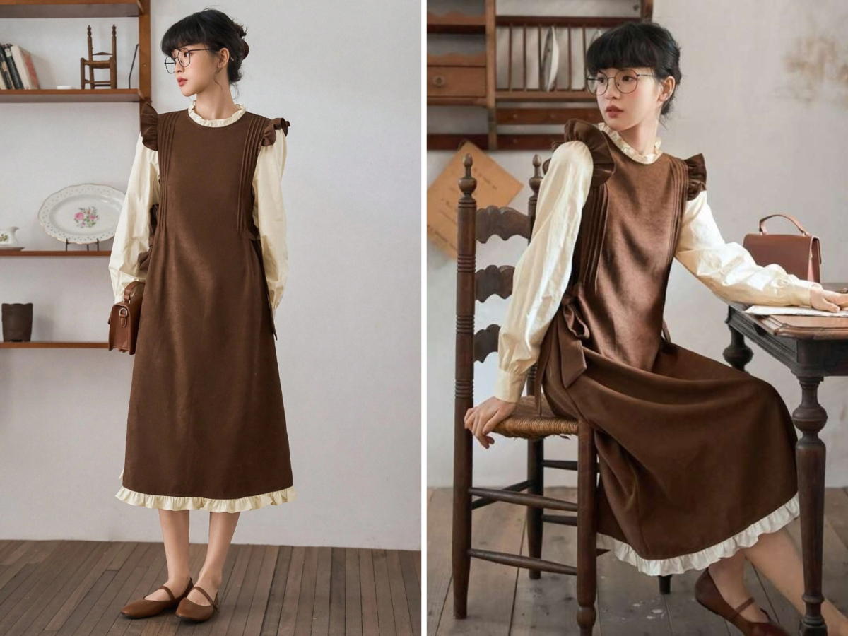 6、FRIFUL Ruffle Trim Knot Side 2 In 1 Dress