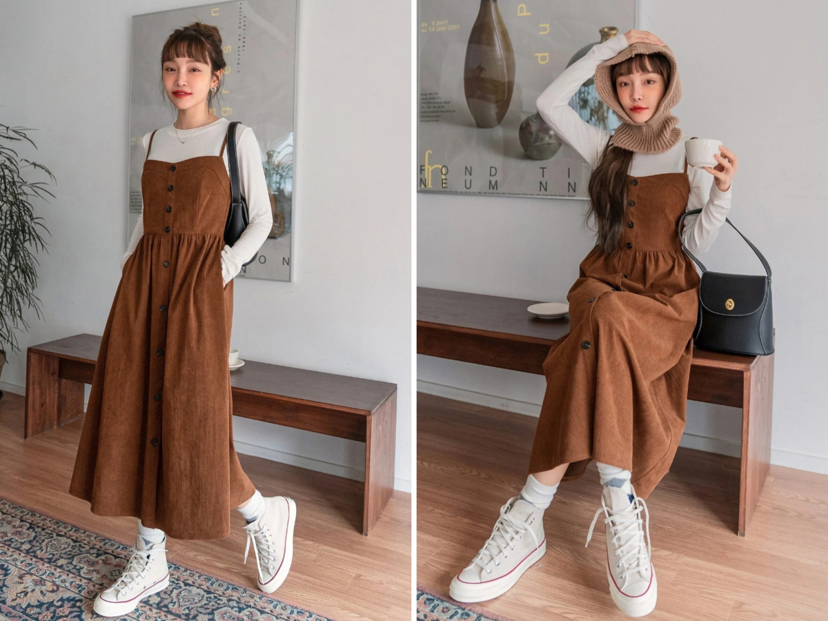 7、DAZY Kpop Slant Pocket Fake Button Corduroy Cami Dress Without Tee