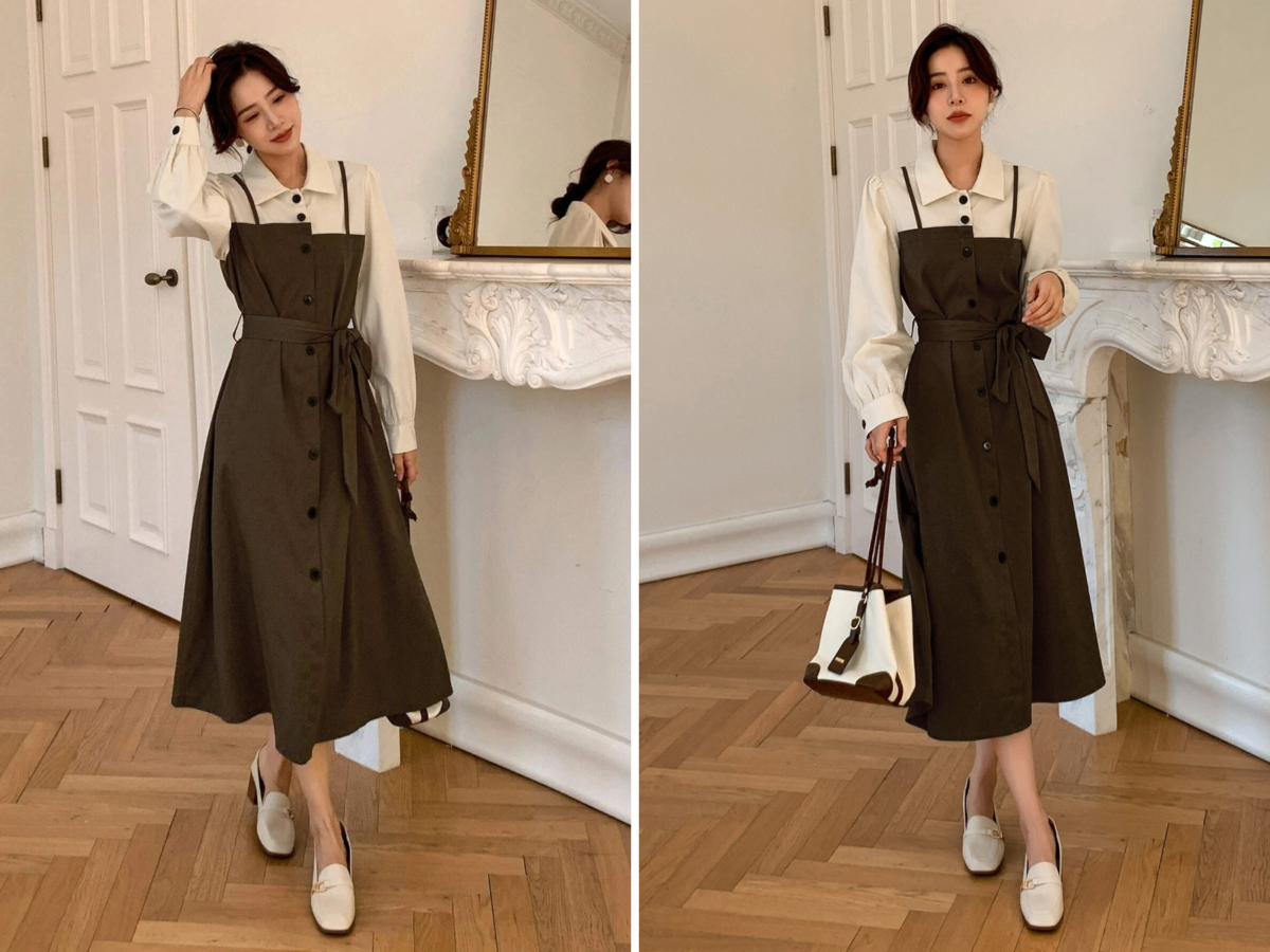 5、DAZY 2 In 1 Colorblock Belted Shirt Dress