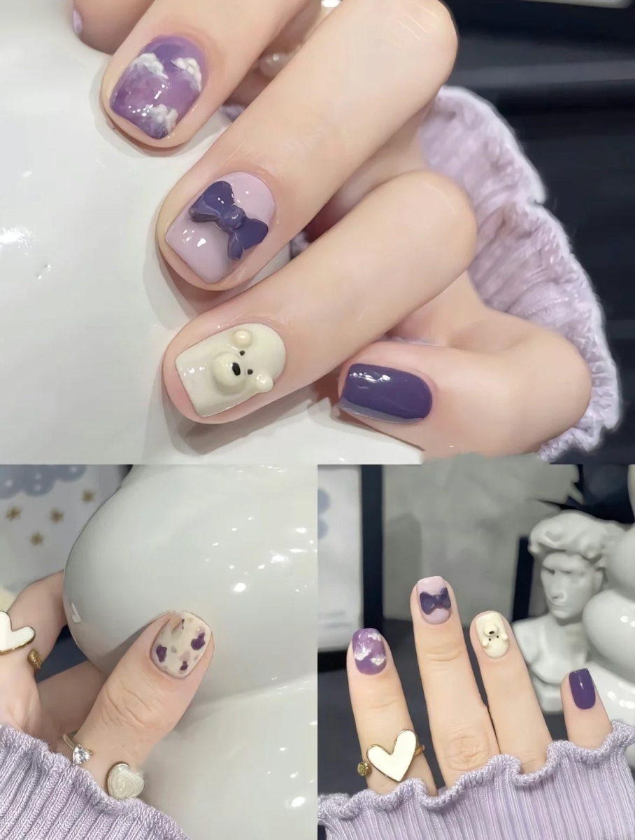 2、葡萄紫 3D 小熊蝴蝶结美甲