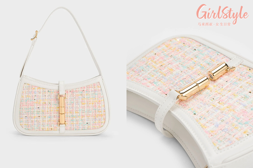 4、Cesia Metallic Accent Tweed Shoulder Bag - White