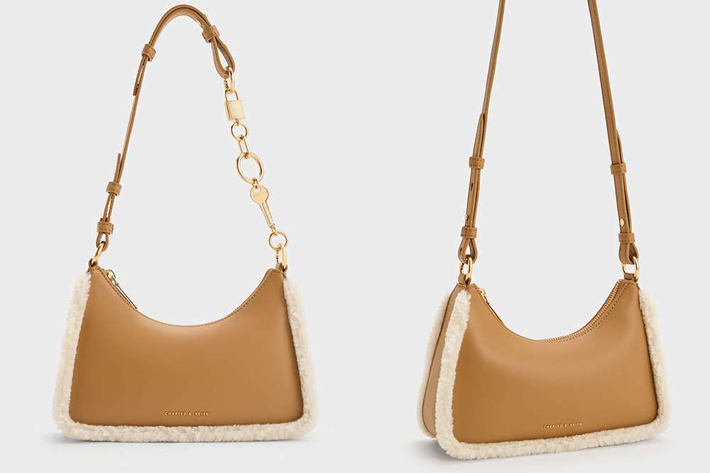 7、Fur-Trim Lock & Key Chain Handle Bag