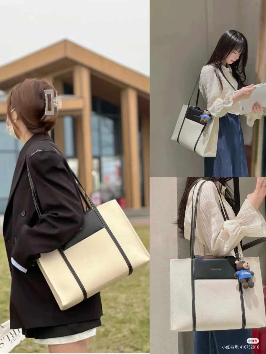 小CK 黑白色拼接的帆布托特包