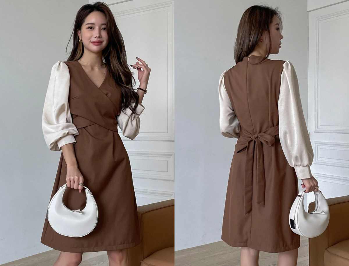 6、DAZY Crossover Tie Back Lantern Sleeve Dress