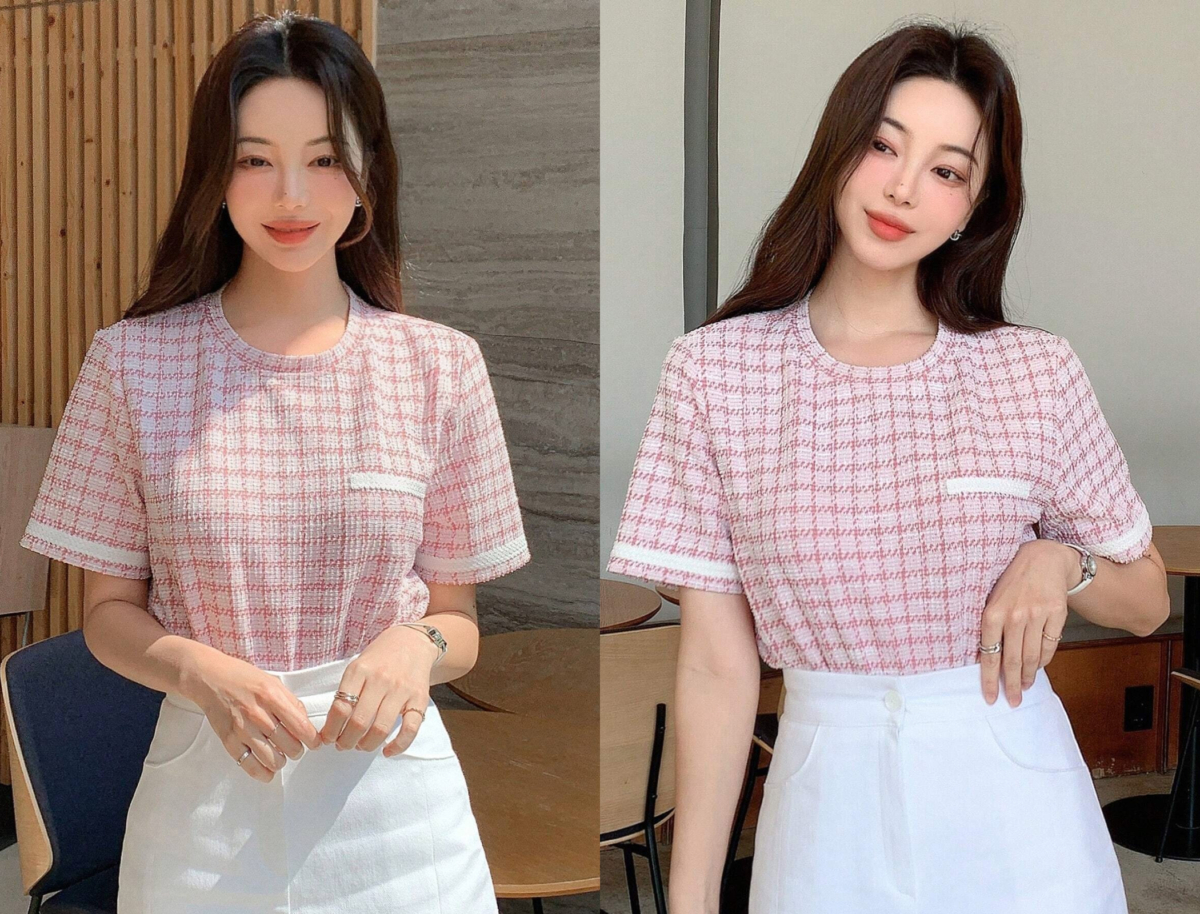 5、DAZY Plaid Print Contrast Trim Tee