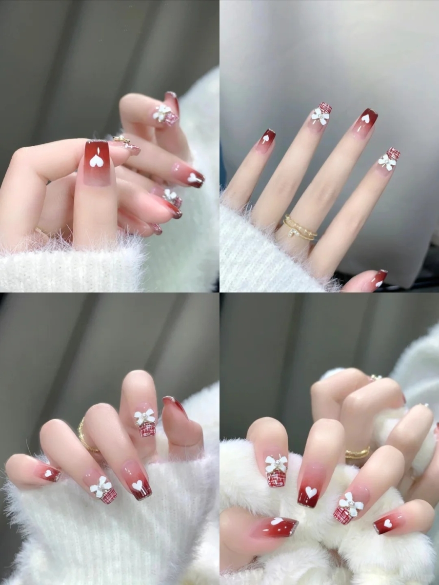 2、复古浪漫酒红色晕染美甲