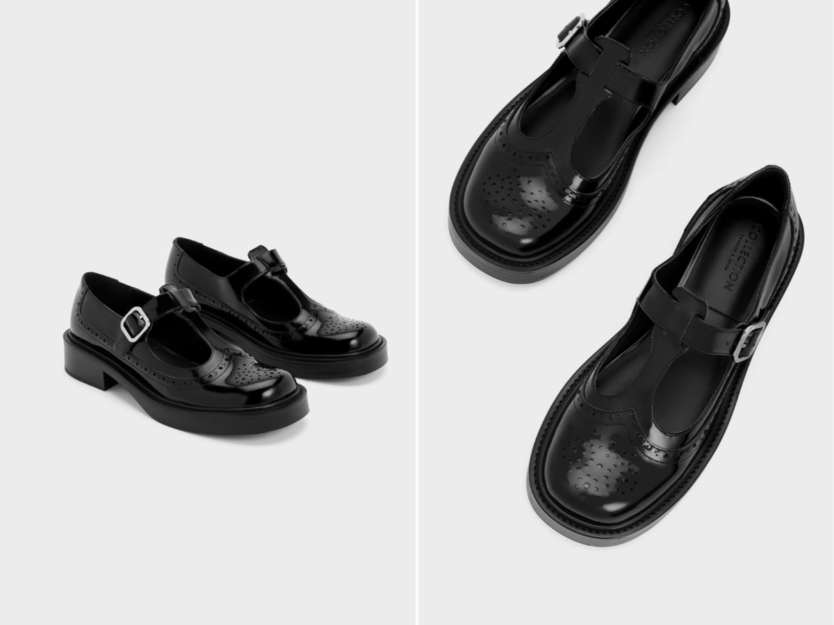 2、Brogue Leather T-Bar Mary Janes - Black Box