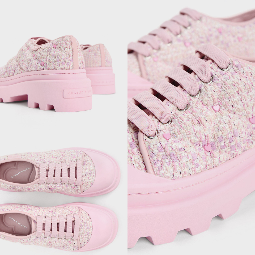 6、Dahlia Tweed Heart-Print Chunky Sneakers - Pink