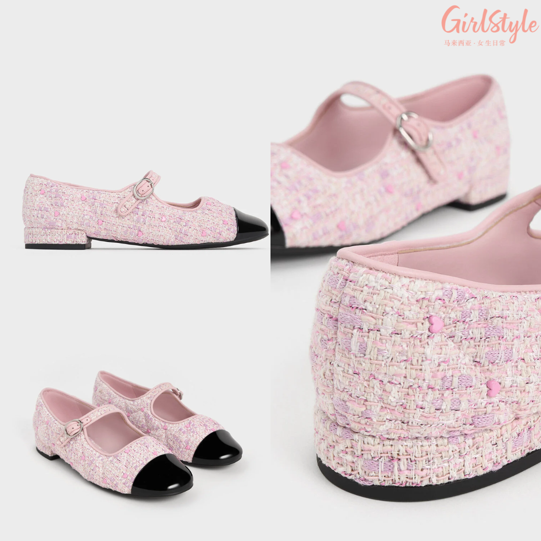 2、Dahlia Tweed Heart-Print Mary Janes - Pink