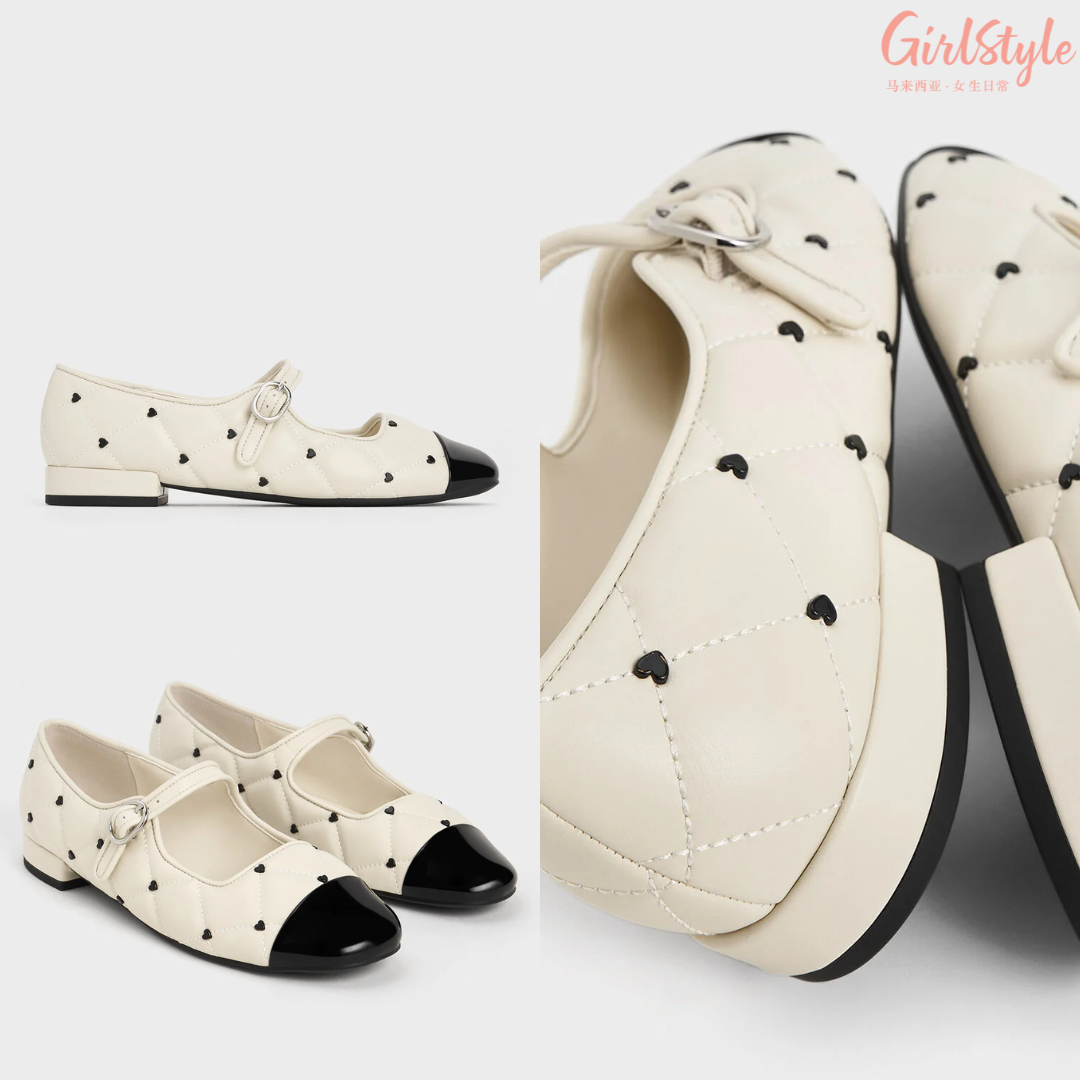 1、Dahlia Two-Tone Heart-Print Mary Janes - Chalk