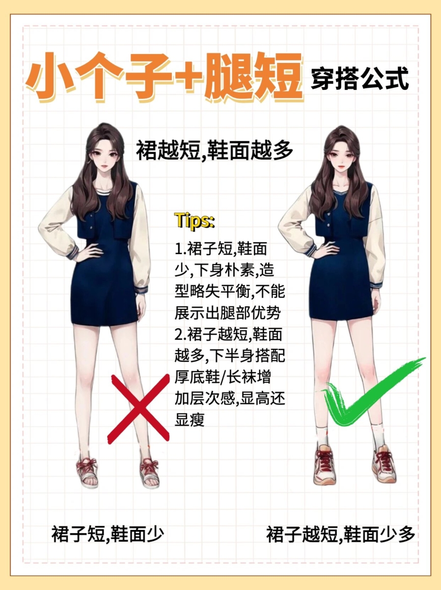 小个子+腿短穿搭公式四、裙越短、鞋面越多