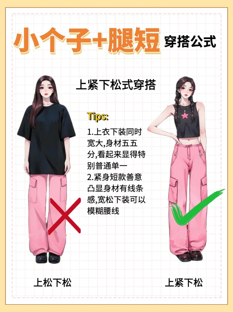 小个子+腿短穿搭公式二、上紧下松式
