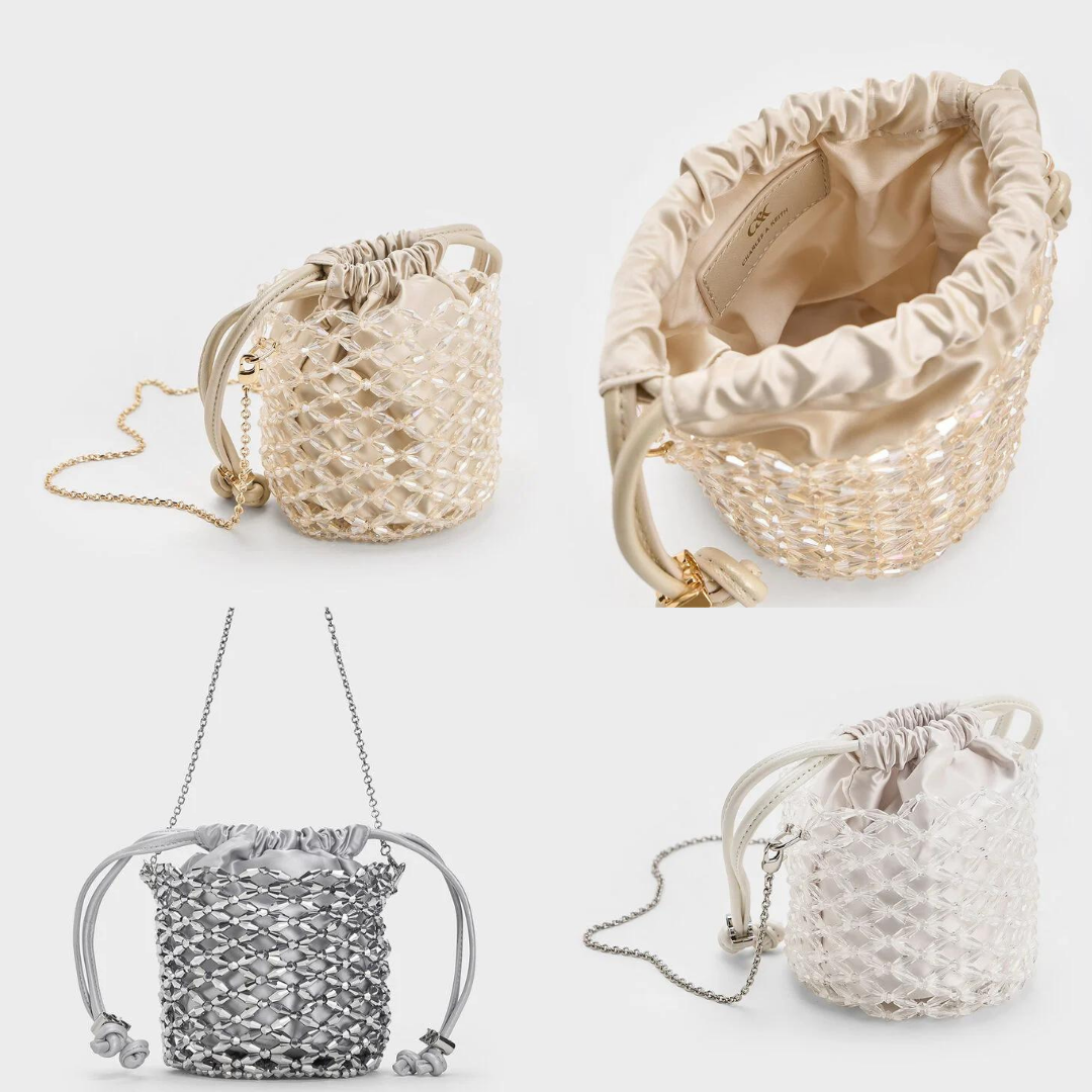 3、Beaded Chain-Handle Bucket Bag