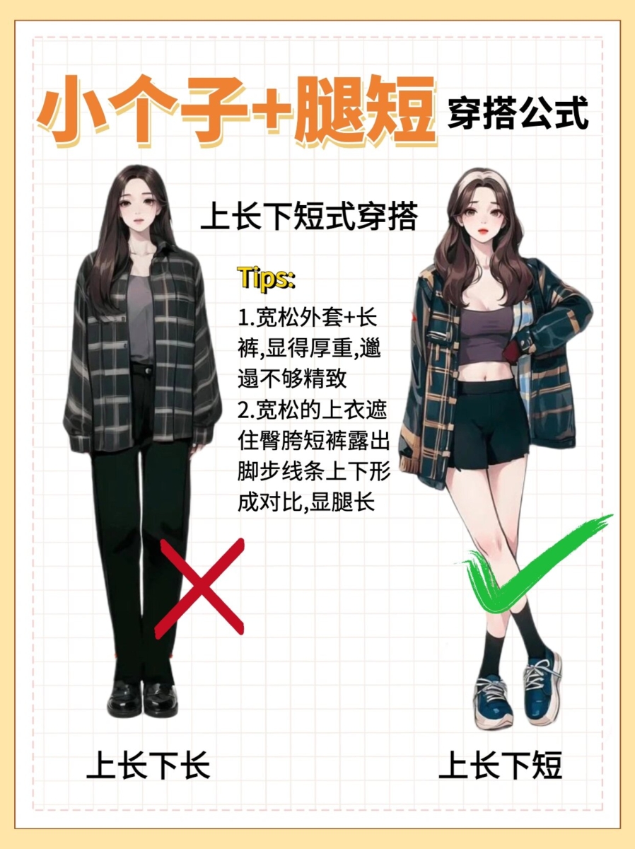 小个子+腿短穿搭公式一、上长下短式