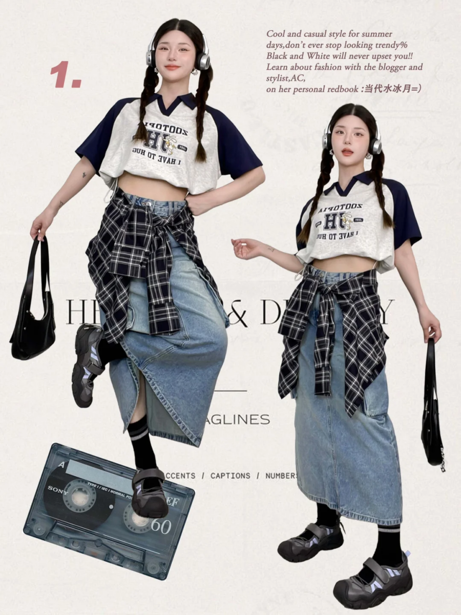 STYLE 5：复古美式上衣+直筒牛仔裙+格纹外套绑腰
