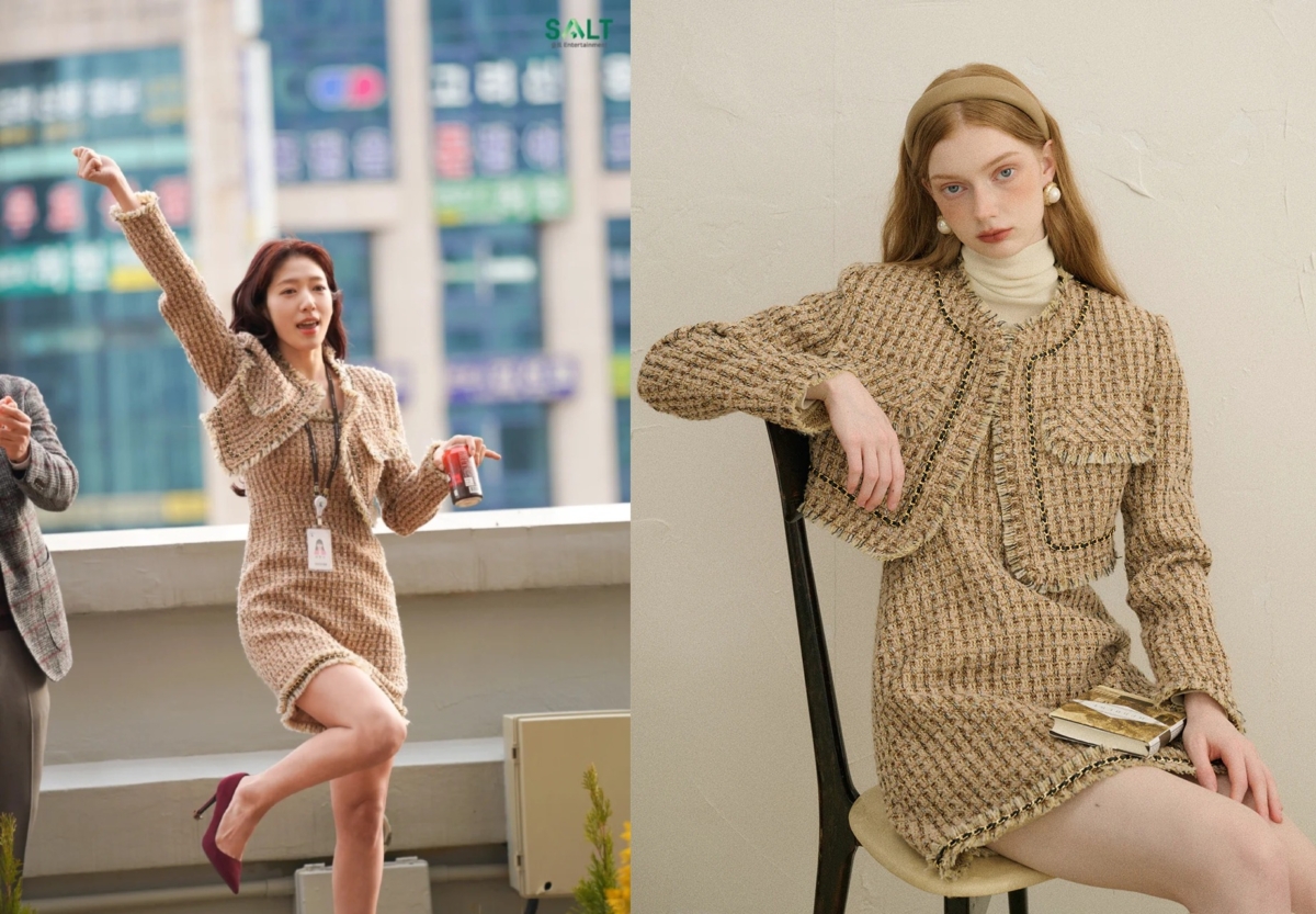 朴信惠《来自地狱的法官》穿搭示范 | 4、香槟色小香风套装