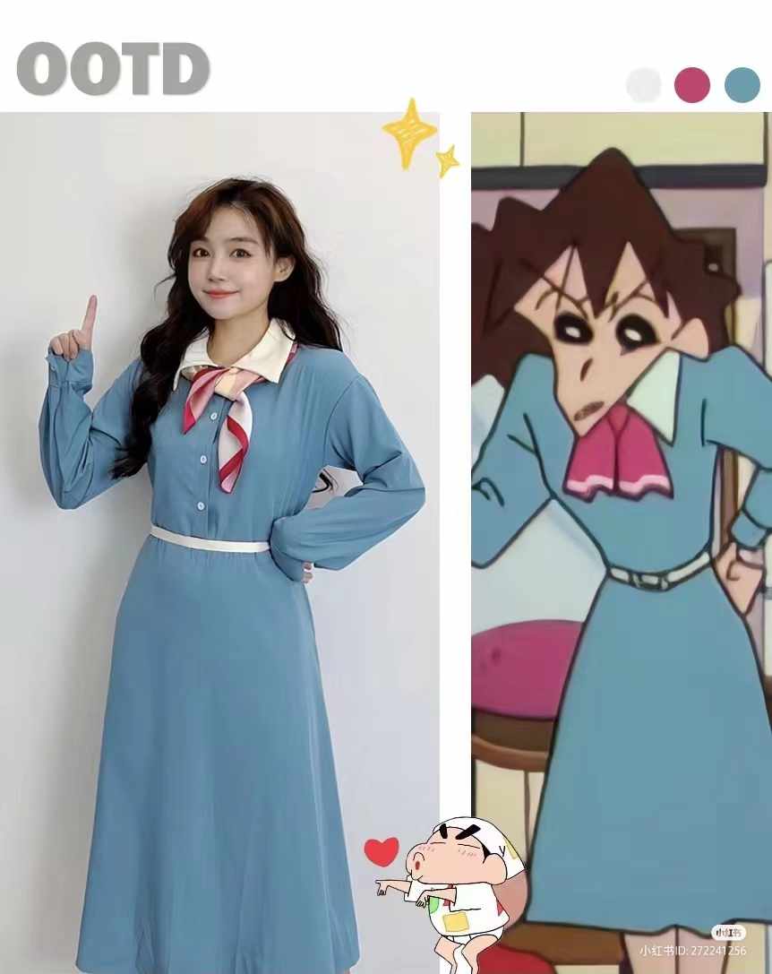 LOOK 5、蓝色翻领连衣裙+粉色丝巾