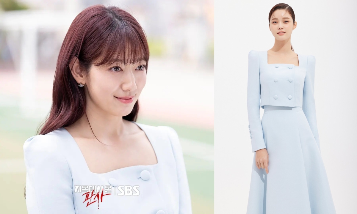 朴信惠《来自地狱的法官》穿搭示范 | 6、淡蓝色羊毛丝绸套装