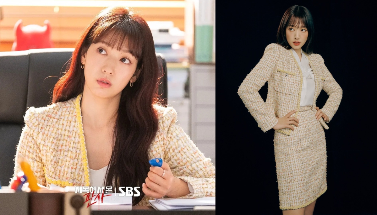 朴信惠《来自地狱的法官》穿搭示范 | 2、奶黄色小香风套装