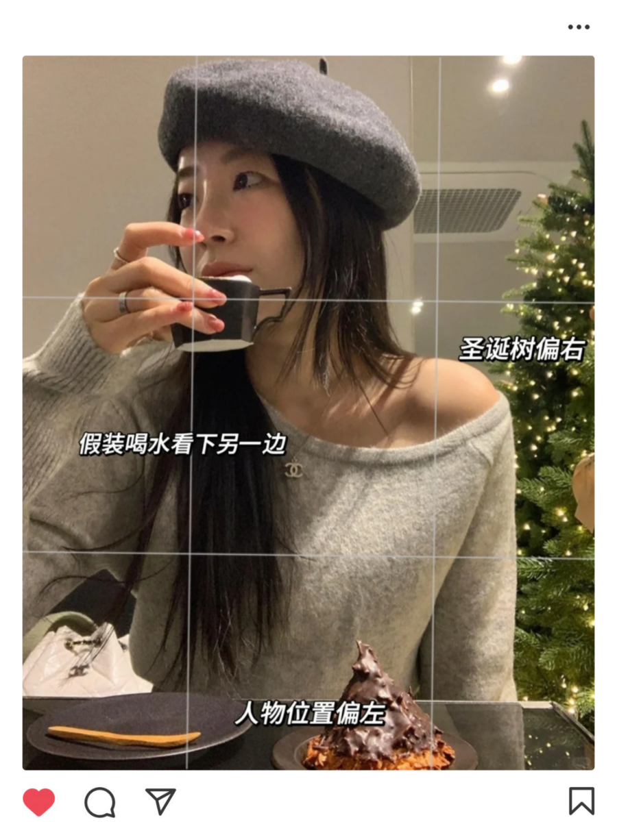 圣诞节拍照姿势 07：社恐必备侧颜杀，假装喝水不尴尬